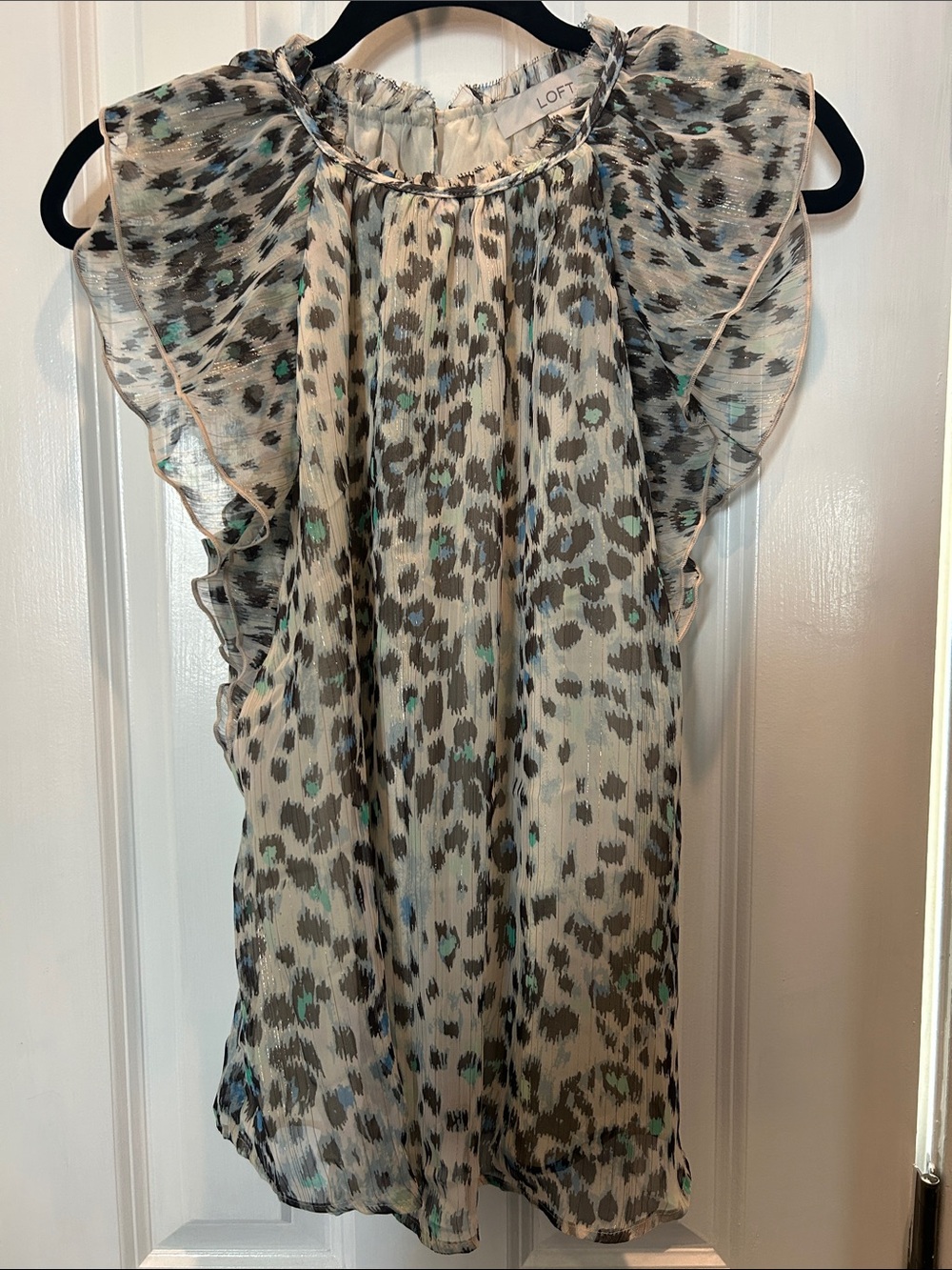 LOFT Neutral Leopard Print Flutter Sleeve Blouse with Teal Spots